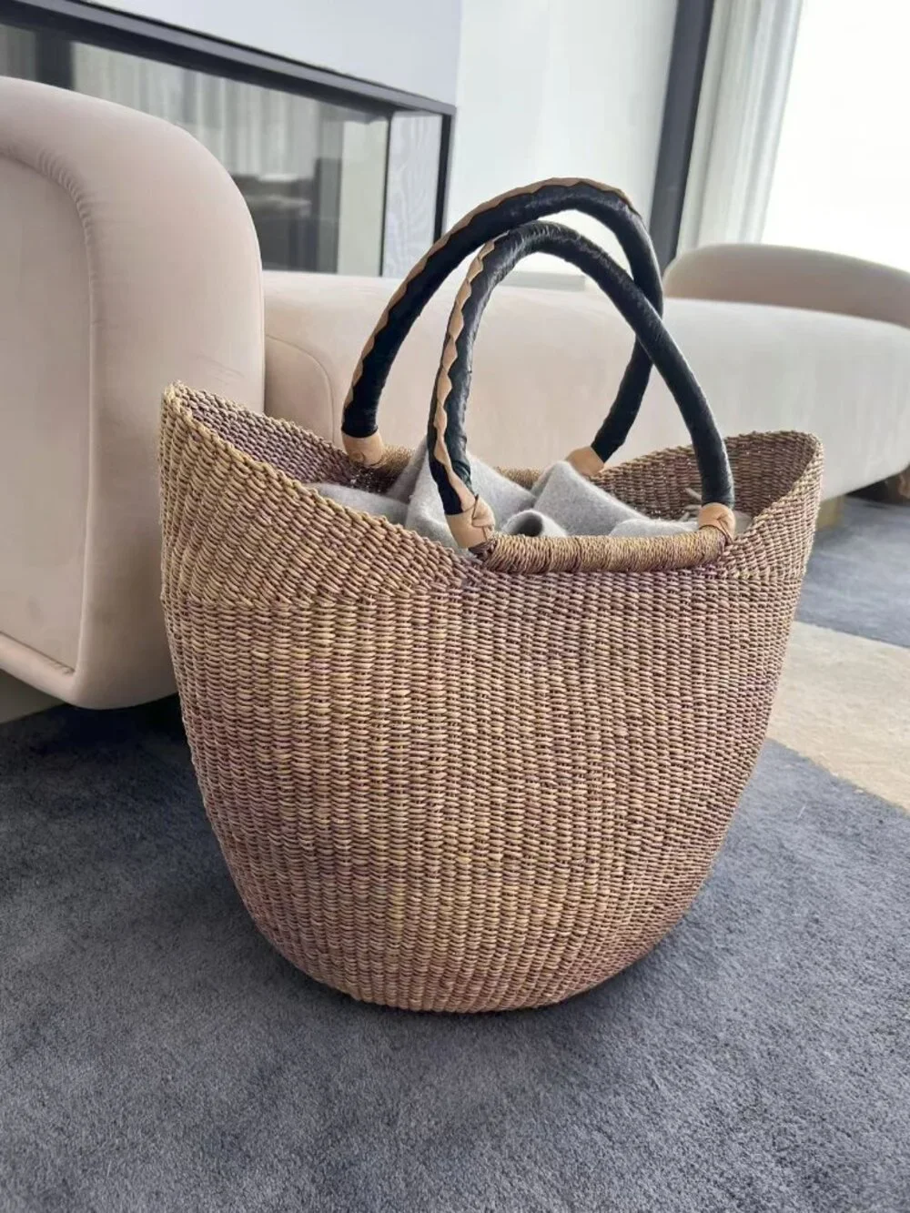 Brand New Bolga Large Handwoven Ghanaian Straw Market Tote Basket – Light Purple